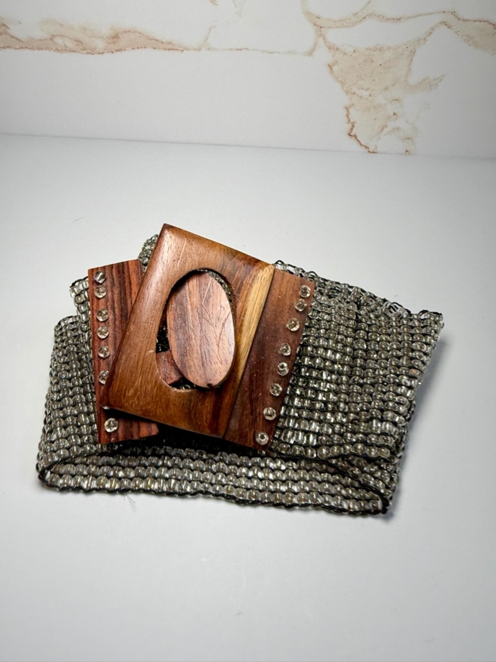 Source Unknown Metallic Silver Mesh Belt with Wood Buckle